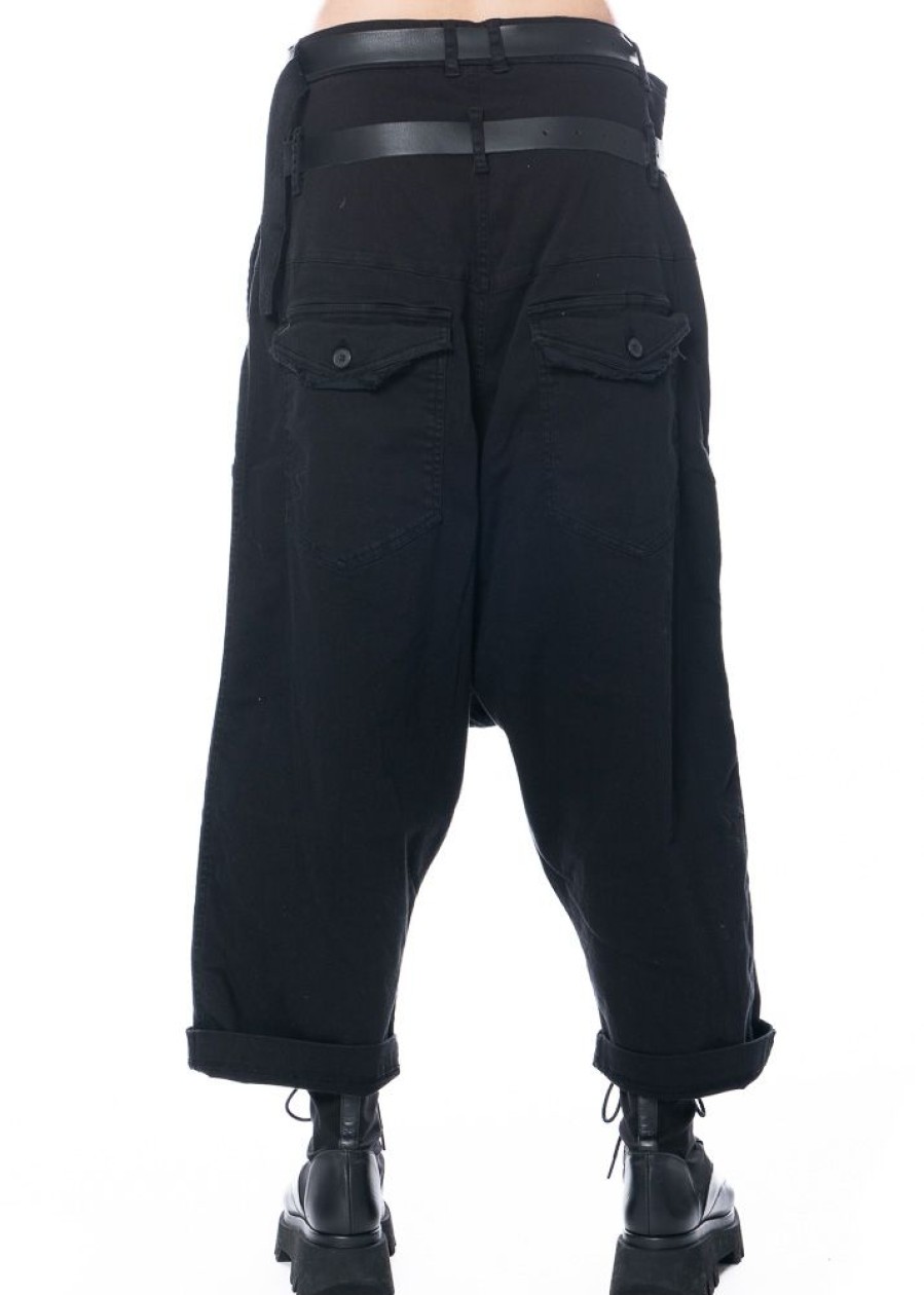 PAL OFFNER Pal Offner, Extravagante Hose Mit Tiefem Schritt Aus Stretch-Denim Mit Doppeltem Gurtel Black New