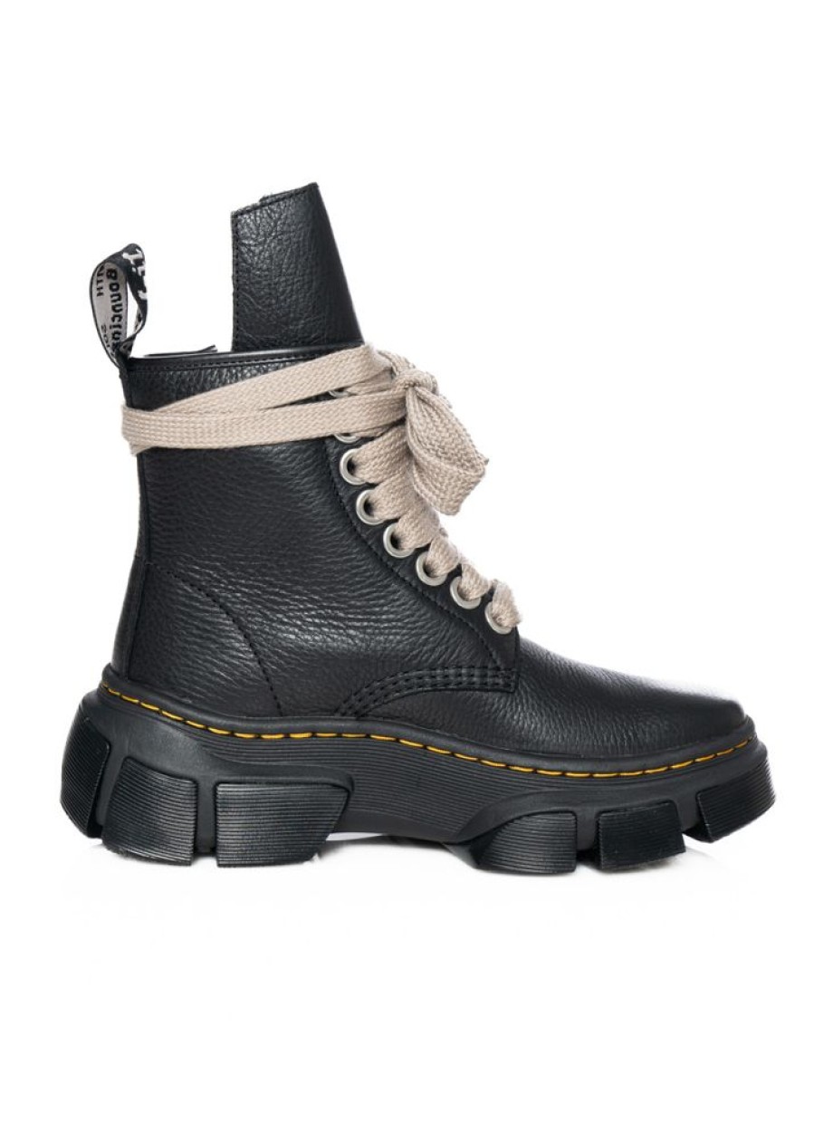 DRKSHDW by Rick Owens Dr. Martens X Rick Owens, Schwarze Lederstiefel Mit Jumbo-Schnurung Black New